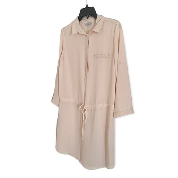 Naked Zebra Greige Roll Tab Sleeve Dress Top Mini Shirt Beige cream size small S - Picture 8 of 8